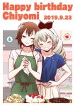  2girls anchovy apron bangs blush brown_eyes brown_hair cake closed_eyes collarbone dated drill_hair food girls_und_panzer green_hair hair_ribbon happy_birthday heart hone_(honehone083) jewelry long_hair multiple_girls necklace nishizumi_maho pasta ribbon short_hair smile spaghetti sweatdrop twin_drills twintails yuri 