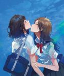  2girls bag black_hair blue_background brown_eyes brown_hair fly_(marguerite) holding_another&#039;s_arm long_hair looking_at_another looking_up medium_hair multiple_girls neck_ribbon original pleated_skirt ribbon school_bag school_uniform shirt short_sleeves simple_background skirt white_shirt 