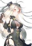  1girl alternate_costume antenna_hair artist_request azur_lane bangs black_dress black_gloves blush breasts commentary_request dress eyelashes floating_hair gloves hair_between_eyes hair_ribbon highres large_breasts long_hair looking_at_viewer multicolored_hair parted_lips prinz_eugen_(azur_lane) prinz_eugen_(cordial_cornflower)_(azur_lane) red_hair ribbon sidelocks silver_hair simple_background solo standing streaked_hair teeth tied_hair two_side_up very_long_hair white_background yellow_eyes 