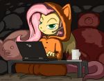  anthro anthrofied clothed clothing computer day digital_media_(artwork) equid equine female fluttershy_(mlp) friendship_is_magic hair kigurumi laptop looking_at_viewer mammal my_little_pony night solo vylfgor 