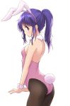  1girl animal_ears ass black_legwear blue_eyes blue_hair blush bow bowtie breasts bunny_ears bunny_girl bunny_tail bunnysuit eyebrows_visible_through_hair fake_animal_ears fake_tail highres hinata_yukari leotard long_hair looking_at_viewer looking_to_the_side mel_(melty_pot) open_mouth pantyhose pink_leotard pink_neckwear shiny shiny_clothes shiny_hair shoulder_blades simple_background small_breasts solo tail white_background yuyushiki 
