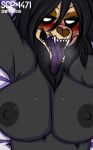  anthro big_breasts black_fur black_nipples blush breasts female fur hi_res looking_at_viewer lying mammal nipples on_back open_mouth saintversa scp-1471 scp_foundation sharp_teeth solo teeth tongue tongue_out 