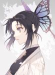 1girl bangs black_hair black_jacket breasts butterfly_hair_ornament commentary_request eyebrows_behind_hair hair_ornament jacket kimetsu_no_yaiba kochou_shinobu looking_away medium_breasts open_clothes parted_bangs parted_lips pig_ggul purple_eyes sidelocks solo upper_body 