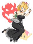  5_fingers black_clothing black_dress blonde_hair blue_eyes blush bowsette_meme bracelet breasts claw_pose clothing collar colucolu crown dress ear_piercing eyelashes female fingers footwear hair hi_res high_heels horn humanoid humanoid_pointy_ears jewelry mario_bros nintendo open_mouth piercing ponytail sharp_teeth shell shoes solo spiked_armlet spiked_bracelet spiked_collar spiked_shell spikes super_crown teeth video_games 