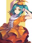  1girl aqua_hair bakemonogatari bangs commentary_request dress frown green_eyes hat long_hair looking_at_viewer monogatari_(series) nisemonogatari ononoki_yotsugi orange_dress orange_headwear parted_bangs re_(re_09) ribbon short_sleeves solo twintails v white_ribbon 