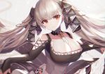  1girl azur_lane bangs between_breasts black_dress blush breasts cleavage dolce_(dolsuke) dress formidable_(azur_lane) frilled_dress frills grey_hair highres large_breasts long_hair red_eyes simple_background solo twintails two-tone_dress two-tone_ribbon very_long_hair 