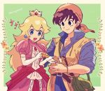  1boy 1girl bandana black_hair blonde_hair blue_eyes blush brown_eyes brown_hair crown dragon_quest dragon_quest_viii dress earrings elbow_gloves gloves hair_ornament hero_(dq8) highres jewelry kiriya_(552260) long_hair mario_(series) mouse open_mouth pink_dress princess_peach shirt simple_background smile super_mario_bros. super_smash_bros. 