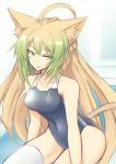  1girl ahoge alternate_costume animal_ear_fluff animal_ears atalanta_(fate) blonde_hair braid breasts cat_ears cat_tail commentary_request covered_navel fate/apocrypha fate/grand_order fate_(series) french_braid green_eyes long_hair medium_breasts multicolored_hair nahu solo tail thighhighs white_legwear 