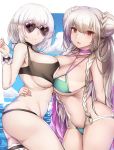  2girls aqua_bikini arm_around_waist arm_behind_back ass azur_lane bangs bare_arms bare_shoulders bikini black_bikini blue_sky blush braid braided_bun breast_press breasts choker cloud commentary_request cowboy_shot criss-cross_halter day double_bun eyebrows_visible_through_hair formidable_(azur_lane) formidable_(the_lady_of_the_beach)_(azur_lane) halterneck hand_up heart heart-shaped_eyewear highres large_breasts long_hair looking_at_viewer multiple_girls navel ocean open_mouth outdoors pink-framed_eyewear purple_choker red_eyes short_hair silver_hair sirius_(azur_lane) sirius_(midsummer_seirios)_(azur_lane) sky standing stomach sunglasses swimsuit symmetrical_docking thigh_strap thighs twin_braids uchisukui water wrist_cuffs 