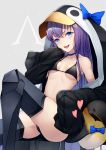  1girl animal_hood bangs banned_artist bare_shoulders bikini bird black_bikini black_jacket blue_bow blue_eyes blush bow breasts choker collarbone fate/grand_order fate_(series) greaves heart hood hood_up jacket kyoeiki long_hair long_sleeves looking_at_viewer meltryllis meltryllis_(swimsuit_lancer)_(fate) open_clothes open_jacket open_mouth penguin penguin_hood purple_hair sitting sleeves_past_fingers sleeves_past_wrists small_breasts smile solo swimsuit thighs 