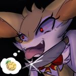  &lt;3 1:1 2019 anthro black_background braixen canid canine digital_media_(artwork) evil_look eyelashes fan_character fangs female food fortuna_(unknownlifeform) fruit fur heart_nose hi_res holding_knife holding_object inner_ear_fluff jingle_bell knife mammal neck_bow nintendo open_mouth orange_fur pinap_berry plant pok&eacute;mon pok&eacute;mon_(species) red_eyes simple_background solo thought_bubble tongue tongue_out unknownlifeform video_games white_fur yellow_fur 