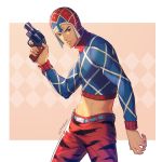  1boy argyle argyle_sweater black_eyes guido_mista gun handgun hat jojo_no_kimyou_na_bouken kuren looking_at_viewer male_focus revolver solo sweater turtleneck vento_aureo weapon 