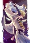  1boy blonde_hair bridal_gauntlets cigarette genjou_sanzou gun handgun kuren male_focus purple_eyes revolver saiyuki shawl smoking solo weapon wide_sleeves 