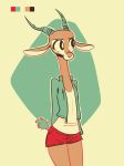  2019 abstract_background ambiguous_gender antelope anthro bottomwear bovid chico_(fuel) clothed clothing color_swatch facial_markings fuel_(artist) gazelle green_background head_markings horn mammal markings open_jacket shorts simple_background solo standing 