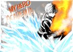  1boy bangs boku_no_hero_academia closed_mouth copyright_name fire grey_background hair_between_eyes highres ice jacket looking_at_viewer male_focus multicolored_hair natsupa pants shorts smoke solo todoroki_shouto two-tone_background two-tone_hair v-shaped_eyebrows white_background 