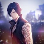  1boy arm_tattoo bare_shoulders black_hair blue_eyes devil_may_cry_5 full_body_tattoo high_collar jewelry kuren male_focus necklace solo tattoo v_(devil_may_cry) vest wavy_hair 