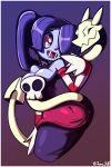  absurd_res breasts butt clothed clothing duo female hair hair_over_eye hi_res jomokin leviathan_(skullgirls) open_mouth purple_hair red_eyes skullgirls smile squigly video_games 
