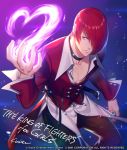  1boy choker fire hair_over_one_eye heart highres kuren male_focus purple_fire pyrokinesis red_eyes red_hair solo the_king_of_fighters unbuckled_belt yagami_iori 