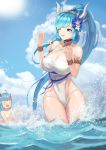  &gt;_&lt; 2girls abeen_jhong bangs bare_shoulders bikini blue_eyes blue_hair blush breasts cleavage cloud commentary_request dragon_girl dragon_horns eyebrows_visible_through_hair flower hair_flower hair_ornament highres horns king&#039;s_raid laias_(king&#039;s_raid) large_breasts long_hair looking_at_viewer multiple_girls navel pointy_ears smile solo_focus swimsuit tail very_long_hair water white_flower 