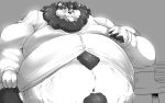 16:10 anthro belly belly_jiggle big_belly blush breath chubby_cheeks claws clothed clothing eyewear felid fur glasses greyscale hi_res huff lion male mammal mane monochrome moobs navel obese obese_male open_mouth open_smile overweight overweight_male pantherine saintdraconis smile solo tongue tongue_out 