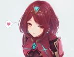  1girl bangs breasts cleavage earrings eyebrows_visible_through_hair gem grey_background heart homura_(xenoblade_2) jewelry large_breasts leonmandala looking_at_viewer parted_lips pink_lips red_eyes red_hair short_hair shoulder_armor simple_background smile solo speech_bubble spoken_heart swept_bangs tiara upper_body xenoblade_(series) xenoblade_2 