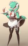  2019 asekeu beverage big_breasts blush bottomwear breasts clothed clothing clothing_lift digital_media_(artwork) female gardevoir hair hi_res holding_object humanoid legwear mammal nintendo not_furry one_eye_closed pok&eacute;mon pok&eacute;mon_(species) red_eyes simple_background skirt skirt_lift smile solo standing tongue tongue_out video_games waiter wink 