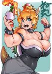  1girl anniversary bare_shoulders biceps black_collar black_dress blonde_hair bowsette bracelet breasts breathing_fire brooch candle cleavage collar commentary_request cupcake dress eyebrows_visible_through_hair fingernails fire flexing food horns huge_breasts jewelry looking_at_viewer mario_(series) muscle muscular_female neone new_super_mario_bros._u_deluxe pointy_ears pose sharp_fingernails sharp_teeth solo spiked_armlet spiked_bracelet spiked_collar spiked_shell spiked_tail spikes strapless strapless_dress super_crown tail teeth thick_thighs thighs turtle_shell 