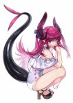  asymmetrical_horns curled_horns dragon_girl dragon_horns dragon_tail elizabeth_bathory_(fate) elizabeth_bathory_(fate)_(all) fate/extra fate/extra_ccc fate/grand_order fate_(series) high_heels highres horns long_hair looking_at_viewer one-piece_swimsuit pink_hair pointy_ears squatting swimsuit tail utayoi_(umakatare) white_swimsuit 