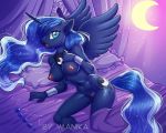  2018 anthro areola bed blue_eyes blue_hair breasts crescent_moon digital_media_(artwork) equid eyelashes feathered_wings feathers female friendship_is_magic hair horn imanika long_hair looking_at_viewer mammal moon my_little_pony nipples nude on_bed open_mouth pillow princess_luna_(mlp) pussy solo winged_unicorn wings 