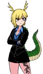  1girl alternate_costume black_skirt black_suit blue_shirt business_suit dragon_horns dragon_tail ear_clip formal formicid horns kicchou_yachie shirt skirt suit suit_jacket tail tattoo touhou turtle_shell yakuza 