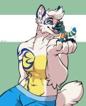  2019 5_fingers anthro black_nose blue_eyes canid canine canis clothed clothing digital_media_(artwork) domestic_dog eyebrows fingers hair hi_res male mammal open_mouth rokemi smile tailwag teeth tongue topless white_hair 