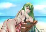  1girl 2019 alternate_costume arched_back arm_rest artist_name ass azur_lane back bangs bare_shoulders beach bent_over bikini black_bikini black_legwear blue_sky breasts cloud dated day eyebrows_visible_through_hair eyelashes from_side green_hair horizon large_breasts littorio_(azur_lane) littorio_(the_glory_of_naples)_(azur_lane) long_hair looking_back maoyao-ll multicolored_hair no_eyewear no_hat no_headwear outdoors parted_lips red_eyes red_hair shiny shiny_hair sky smile solo streaked_hair swept_bangs swimsuit thigh_strap thighs underboob very_long_hair 