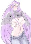  1girl blush breasts cowboy_shot denim fate/stay_night fate_(series) glasses hands_on_own_chest jeans large_breasts long_hair meisamu navel nipples no_bra pants purple_hair ribbed_sweater rider shirt_lift solo sweat sweater triangle_mouth undressing very_long_hair 