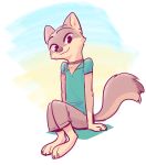  2019 abstract_background ambiguous_gender anthro barefoot bottomwear canid canine cheek_tuft choker clothed clothing dipstick_tail ear_piercing ear_stud elbow_tufts fox fuel_(artist) head_tuft jewelry looking_at_viewer mammal multicolored_tail necklace pants piercing shirt simple_background sitting smile solo swift_fox t-shirt taylor_(fuel) topwear tuft white_background 