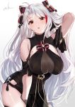  1girl alternate_costume antenna_hair azur_lane bangs black_dress blush bow breasts brown_eyes dress gloves gradient gradient_background hair_between_eyes hand_behind_head large_breasts leaning_forward long_hair looking_at_viewer mole mole_on_breast multicolored_hair prinz_eugen_(azur_lane) prinz_eugen_(cordial_cornflower)_(azur_lane) red_hair sidelocks signature silver_hair simple_background solo streaked_hair takubon thighs two_side_up very_long_hair 