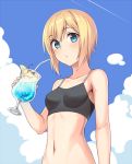  1girl alternate_costume bendy_straw blonde_hair blue_eyes blue_sky blush breasts cloud cowboy_shot drinking_straw erica_hartmann food from_below fruit lemon lemon_slice looking_at_viewer momiji7728 navel sky small_breasts solo sports_bra strawberry strike_witches tropical_drink world_witches_series 