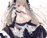  anthropomorphism azur_lane blush bow breasts cleavage cropped dress formidable_(azur_lane) goth-loli gray_hair ikomochi lolita_fashion long_hair red_eyes skirt_lift twintails white 