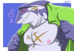  anthro blue_body blush cetacean clothed clothing delphinoid fish grey_body hi_res hybrid male mammal marine nipples noll423z oceanic_dolphin open_shirt orca red_eyes scar shark signature tokyo_afterschool_summoners toothed_whale typhon video_games 