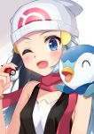 1girl ;d ^_^ bare_arms bare_shoulders beanie black_hair black_shirt blue_eyes blue_hair blush breasts closed_eyes commentary_request gen_4_pokemon gradient_hair hair_ornament hand_up hat highres hikari_(pokemon) holding holding_poke_ball multicolored_hair on_shoulder one_eye_closed open_mouth piplup poke_ball poke_ball_(generic) poke_ball_symbol pokemon_(creature) pokemon_masters pokemon_on_shoulder red_scarf scarf shirt sleeveless sleeveless_shirt small_breasts smile sutei_(xfzdarkt) upper_body v-shaped_eyebrows white_headwear 