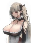  1girl absurdres azur_lane bangs bare_shoulders between_breasts black_dress blush breasts cleavage collarbone commentary_request detached_sleeves dress earrings eyebrows_visible_through_hair formidable_(azur_lane) frilled_dress frills highres jewelry large_breasts long_hair parted_lips platinum_blonde_hair pointy_ears red_eyes ribbon twintails two-tone_dress two-tone_ribbon upper_body very_long_hair yusha_(m-gata) 