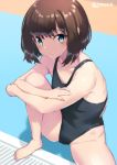  1girl bare_shoulders blue_eyes brown_hair competition_swimsuit highleg highleg_swimsuit jonsun looking_at_viewer one-piece_swimsuit original pool short_haair spread_legs stretch swimsuit 