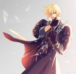  1boy blonde_hair blue_eyes eizen_(tales) frown gloves green_eyes jacket kuren male_focus solo tales_of_(series) tales_of_berseria wiping_face 