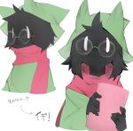  2019 4_fingers 9999gpera ambiguous_gender anthro black_fur blush book bovid caprine clothed clothing deltarune digital_media_(artwork) eyewear fingers fur glasses goat hat headgear headwear horn japanese_text looking_at_viewer looking_away mammal ralsei scarf simple_background smile solo standing text video_games white_background white_eyes wizard_hat young 