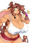  2019 alpha_channel anthro big_breasts bovid bovine bracelet braided_hair breasts brown_fur brown_hair cattle chalo cleavage clothed clothing female fur green_eyes hair hand_on_hip horn huge_breasts jewelry las_lindas long_hair looking_at_viewer mammal midriff mora_linda muscular muscular_female navel nipple_outline one_eye_closed simple_background solo standing thick_thighs transparent_background voluptuous webcomic wide_hips wink 