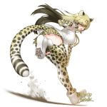  1girl armpits bangs black_hair blonde_hair blush bow breasts cheetah_(kemono_friends) cheetah_ears cheetah_print cheetah_tail elbow_gloves fang gloves kemono_friends long_hair looking_at_viewer open_mouth solo sweat thighhighs yellow_eyes yoshida_hideyuki 