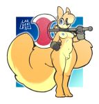  2019 anthro axe balls biped black_nose blue_background blue_eyes blue_nipples border breasts clothing collar digital_media_(artwork) eyelashes flaccid fluffy fluffy_tail full-length_portrait fur gloves gradient_background gynomorph handwear hi_res holding_object holding_weapon intersex largerest long_tail looking_at_viewer mammal melee_weapon multicolored_fur navel nipples nude penis ponytail portrait rodent sciurid simple_background small_breasts small_penis smile solo standing sydup tan_ears tan_fur tan_hair two_tone_fur two_tone_tail weapon white_border wide_hips 