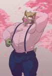  beard brute_(artist) bulge cherry_blossom clothing eyebrows eyewear facial_hair glasses hand_behind_head hi_res male mammal musclegut muscular muscular_male overalls pink_clothing pink_shirt pink_topwear plant rossi_thukigata shirt suid suina sus_(pig) thick_eyebrows tight_clothing topwear tsukigata wild_boar 