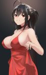  1girl absurdres alternate_costume azur_lane bangs black_background black_hair breasts choker cocktail_dress collarbone crossed_bangs dress dress_lift gradient gradient_background hair_between_eyes hair_ornament hand_up highres large_breasts lifted_by_self long_hair no_bra one_side_up open_mouth red_choker red_dress red_eyes shiny shiny_skin skeptycally sleeveless sleeveless_dress smile solo strap_gap taihou_(azur_lane) taihou_(forbidden_feast)_(azur_lane) thighhighs twitter_username very_long_hair 