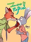  blush canid canine carrot_pen disney duo female fox hi_res judy_hopps lagomorph leporid male male/female mammal nick_wilde rabbit rampo simple_background yellow_background zootopia 