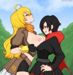  2girls afrobull ahoge arched_back ass asymmetrical_docking black_hair black_skirt blonde_hair blush breast_envy breast_press breasts breasts_outside cape gradient_hair highres hood large_breasts lips long_hair medium_breasts multicolored_hair multiple_girls nipples open_mouth red_hair ruby_rose rwby shiny shiny_hair shiny_skin short_hair shorts siblings silver_eyes skirt standing two-tone_hair wavy_hair yang_xiao_long 